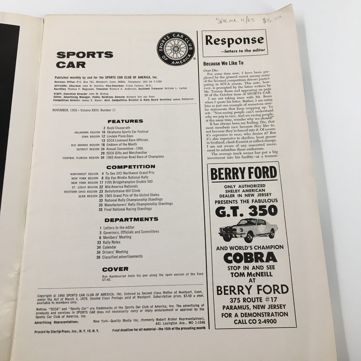 VTG Sports Car Magazine November 1965 inside page displaying the contents and features, including articles on car festivals and racing events.