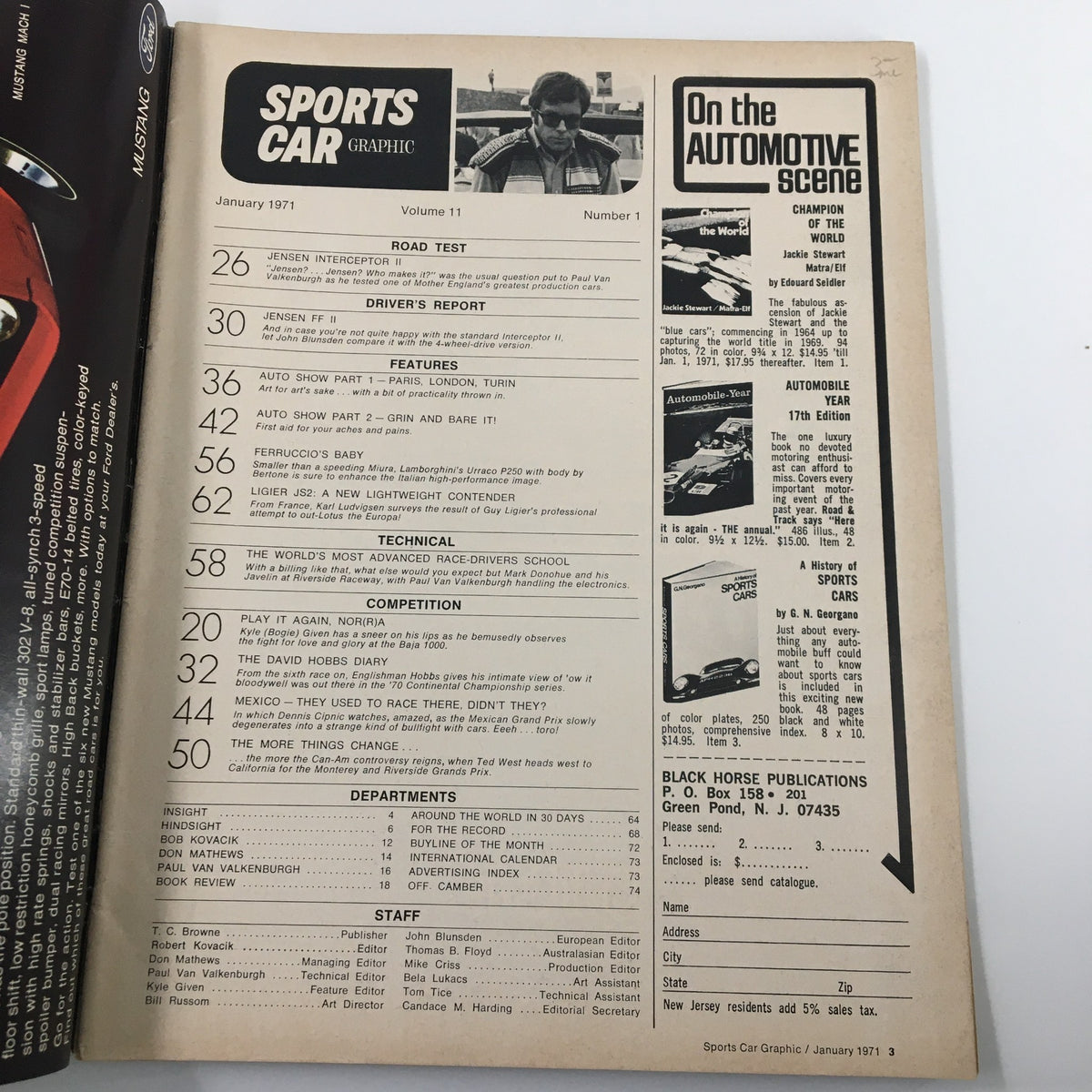 Interior page of VTG Sports Car Graphic Magazine January 1971 showing the table of contents, featuring articles on Jensen cars and automotive topics.