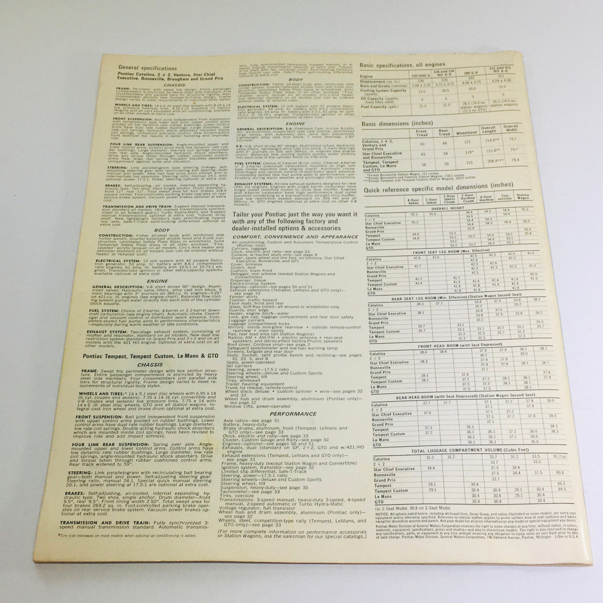 Detailed back page of the 1966 Pontiac Brougham Specifications Dealership Car Auto Brochure Catalog outlining specifications, dimensions, and features of the Pontiac Brougham, valuable for car enthusiasts and collectors.