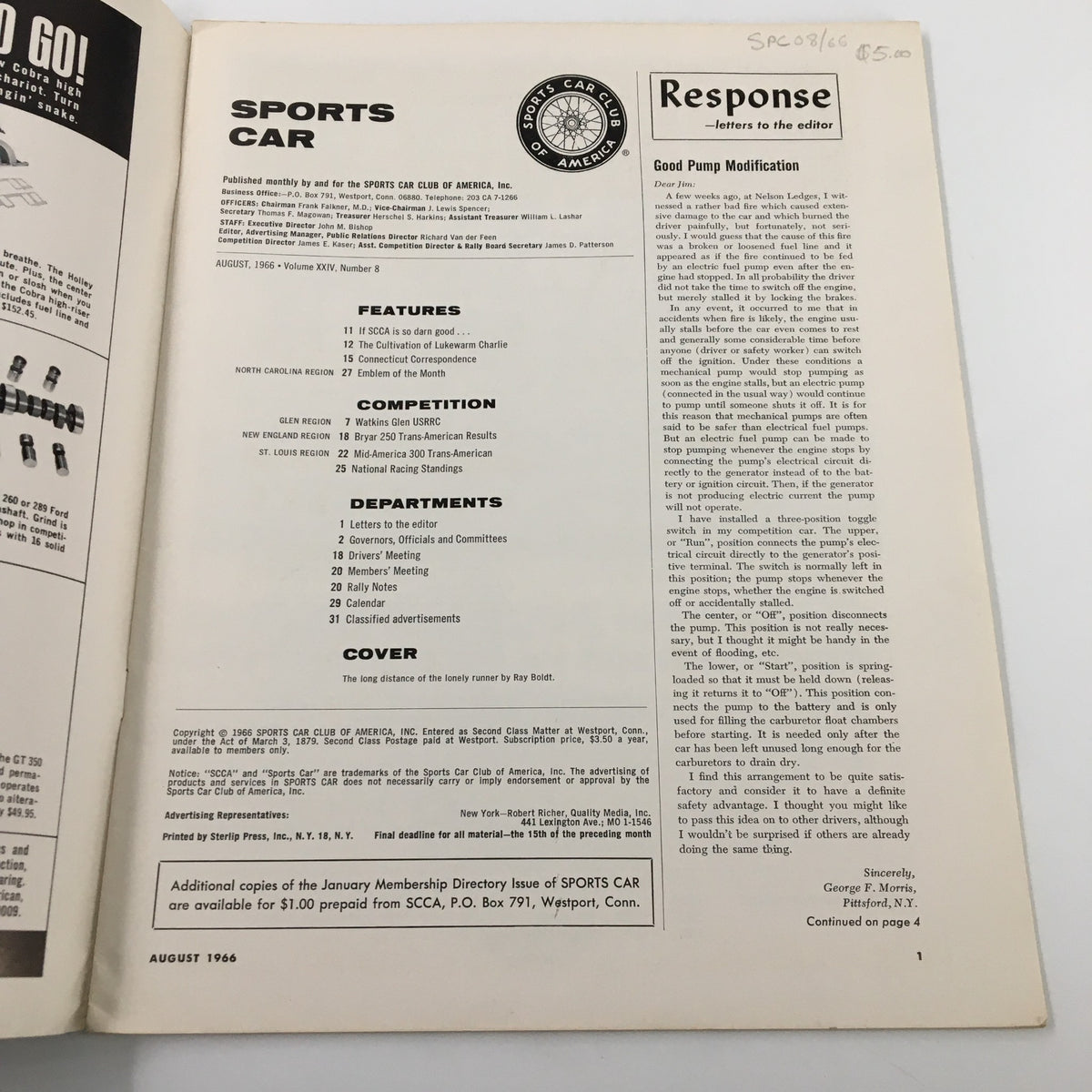 Interior page of VTG Sports Car Magazine August 1966 showcasing the table of contents and features, including details about The Lonely Runner article by Ray Boldt.