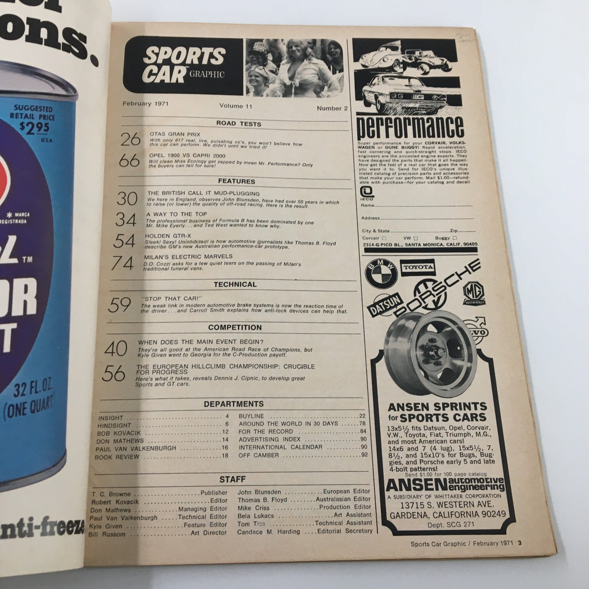 Inside page of the VTG Sports Car Graphic Magazine February 1971, displaying the table of contents with articles on road tests and features of classic cars.