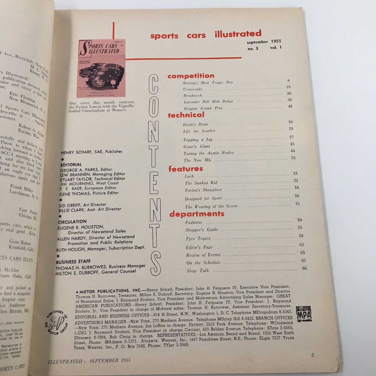 Contents page of VTG Sports Car Illustrated Magazine September 1955, outlining articles and features related to classic sports cars including technical insights and competitions.