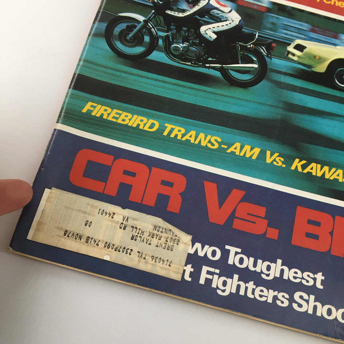 Close-up of the Car and Driver Magazine August 1977 cover highlighting the Firebird Trans-Am vs Kawasaki KZ1000 feature, with visible price tag.