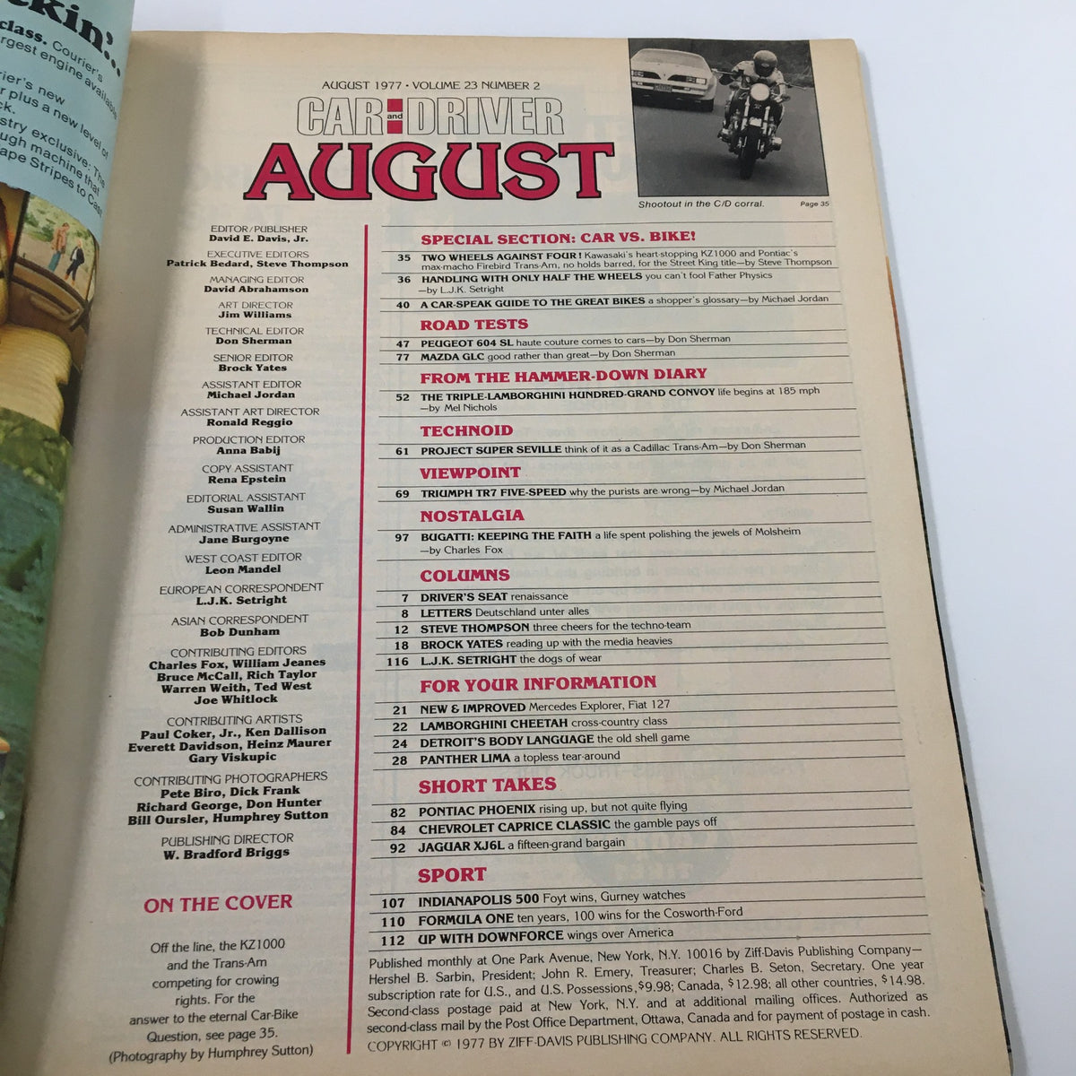 Interior page of the Car and Driver Magazine August 1977 displaying the index for featured articles and sections, including the Car vs. Bike special.
