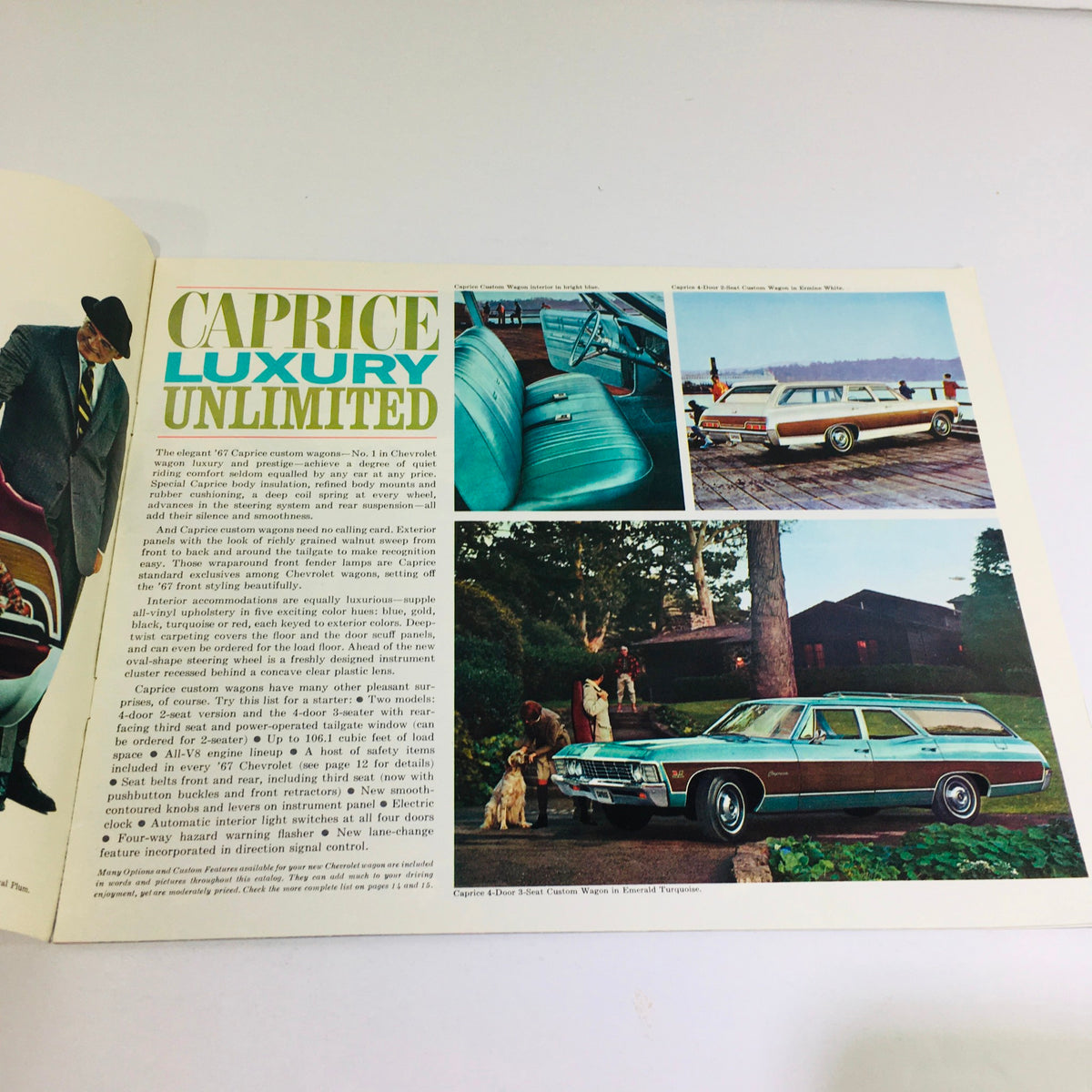 Interior page of the 1967 Chevrolet Family-Fun Wagons Chevelle Chevy II Car Auto Brochure Catalog highlighting luxury features with images of the Caprice wagon.