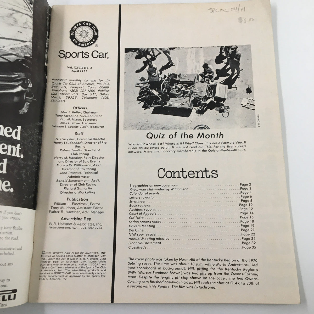 Inside page of Sports Car Magazine, April 1971, displaying the table of contents and staff information, highlighting the magazine's focus on motorsport.