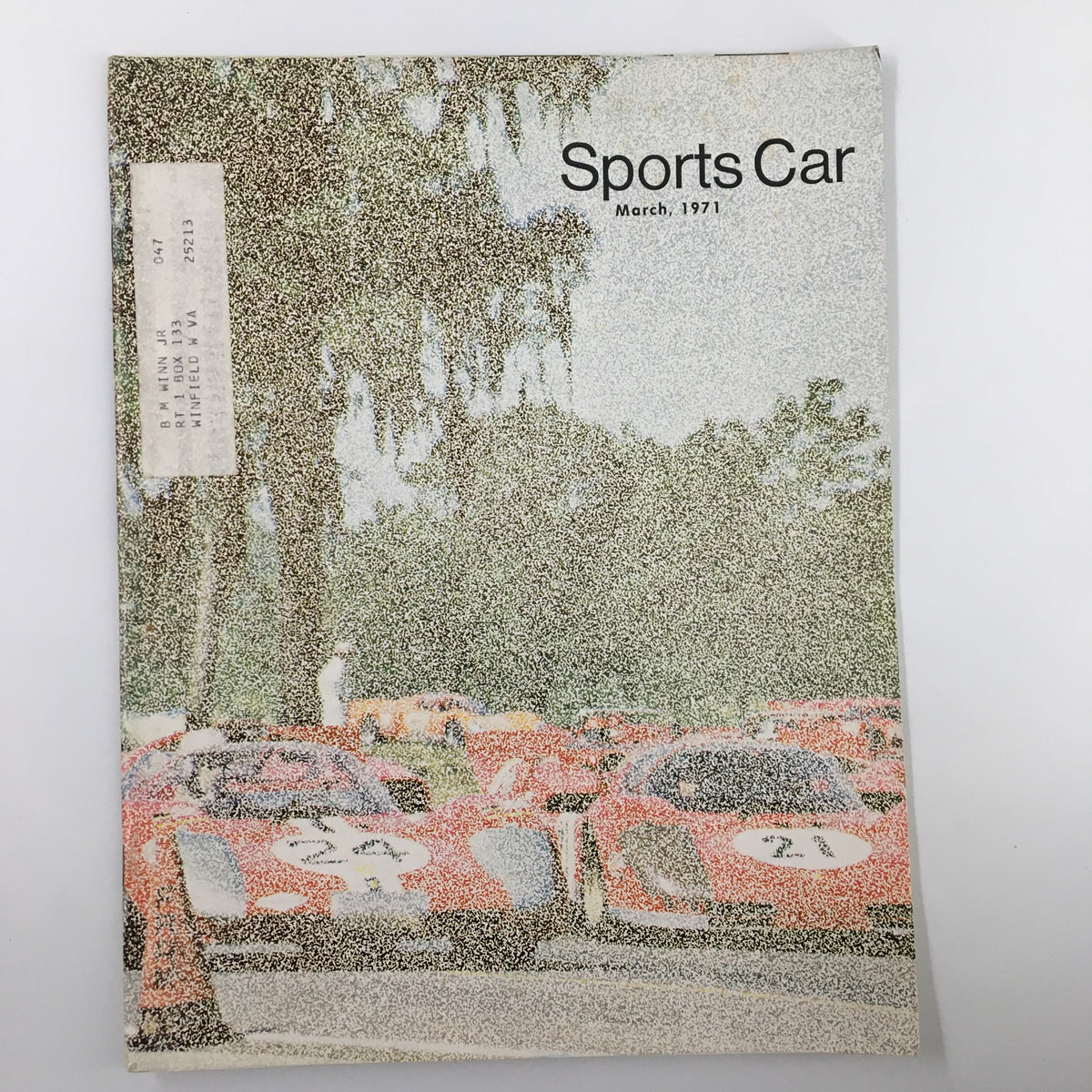 Cover of VTG Sports Car Magazine March 1971 featuring Oscar Koveleski of the Polish Racing Association, showcasing vintage racing cars in a scenic location.