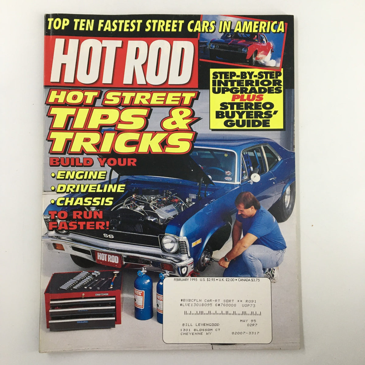Cover of the February 1995 Hot Rod Magazine featuring 'Hot Streets Tips and Tricks'. The magazine displays a blue muscle car with a lifted hood, showcasing the engine, and highlights tips for enhancing automotive performance.