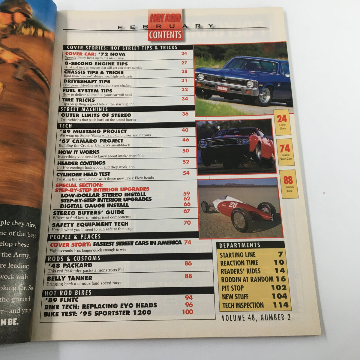 Table of contents from the February 1995 issue of Hot Rod Magazine, listing features on engine tips, project cars, and performance techniques under the section 'Hot Streets Tips and Tricks'.