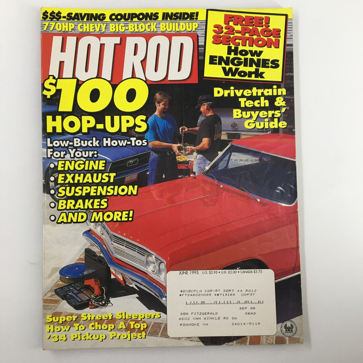 VTG Hot Rod Magazine June 1995 cover featuring articles on engine mechanics, drivetrain technology, and a buyer's guide, showcasing a classic car with two men discussing engine components.