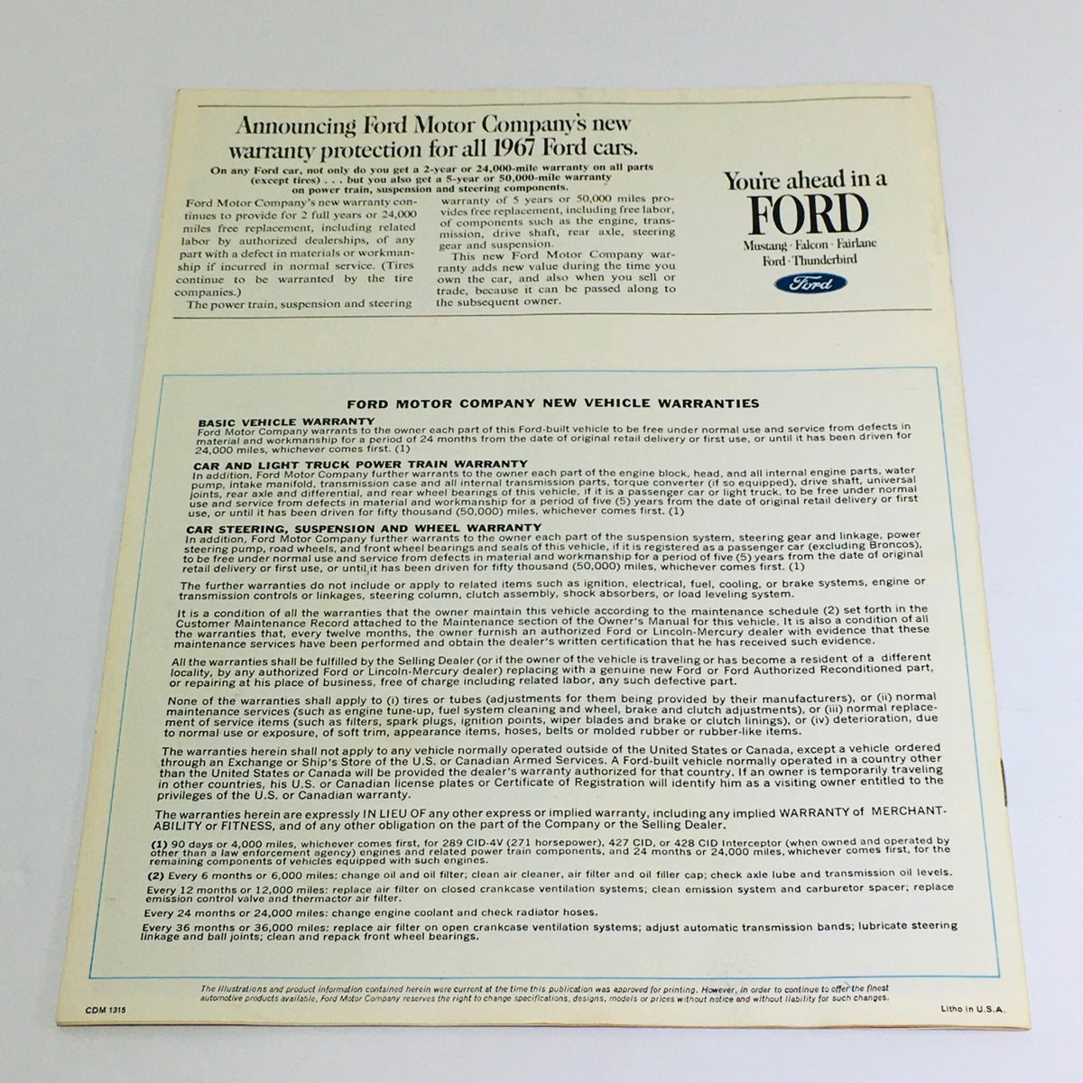 Back cover of the 1967 Ford Galaxie 500/XL Sedan Dealership Brochure detailing warranty information and services offered by Ford for their 1967 car models.