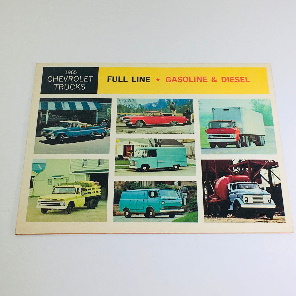 1965 Chevrolet Full-Line Truck Selector Dealership Car Auto Brochure Catalog showcasing various Chevrolet trucks including gasoline and diesel models.
