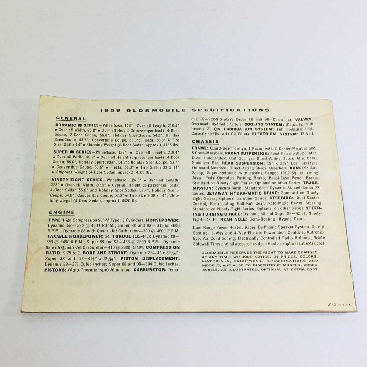1959 Oldsmobile Holiday SceniCoupe Dealership Car Auto Brochure Catalog specifications page highlighting key features and engine details.