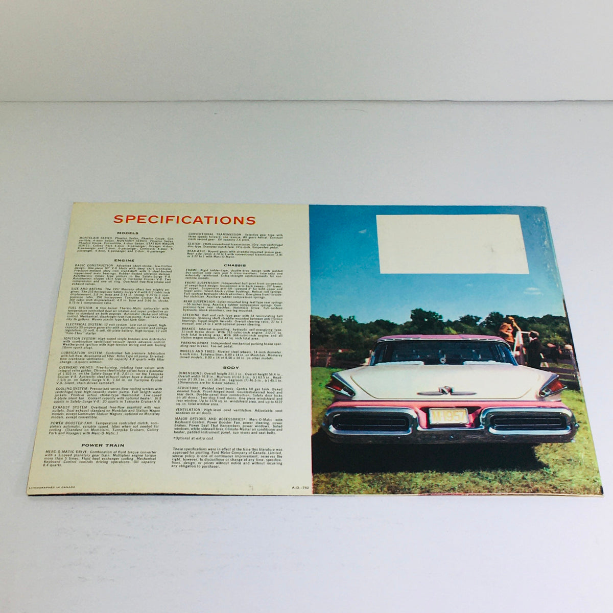 Back cover of the 1957 Mercury Montclair Series Sedans Dealership Car Auto Brochure Catalog displaying vehicle specifications.