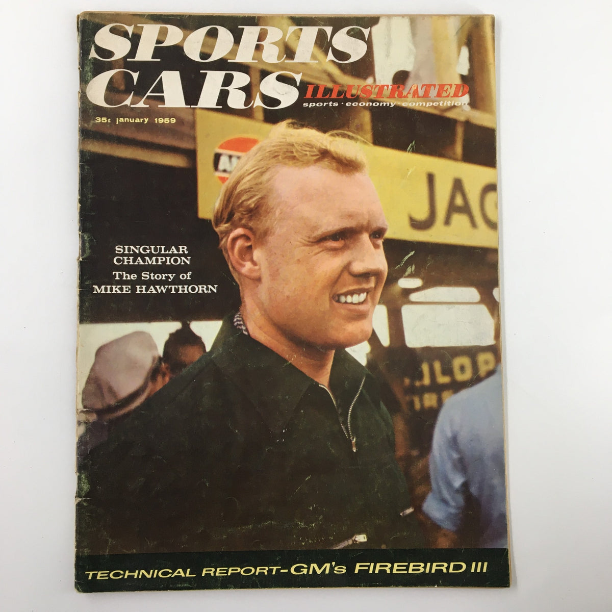 Cover of Sports Car Illustrated Magazine January 1959 featuring Mike Hawthorn, showcasing the story of the British racing legend and vibrant 1950s motor racing culture.