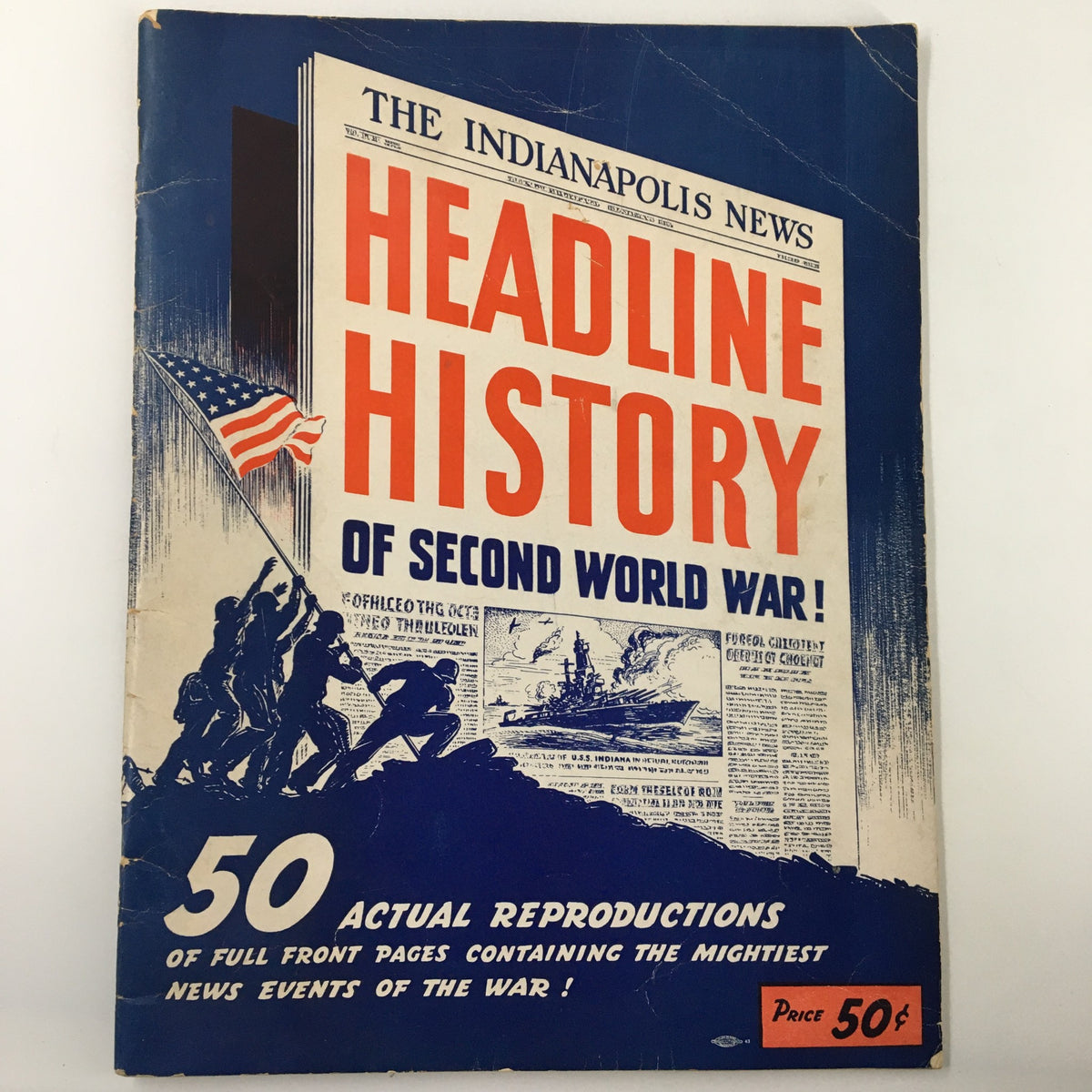 Cover of VTG The Indianapolis News December 8 1941 Congress Votes War featuring the title 'Headline History of Second World War' with imagery depicting historical events.