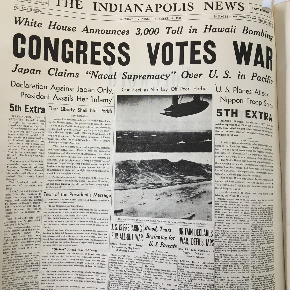 Front page of VTG The Indianapolis News December 8 1941 Congress Votes War, headline states 'Congress Votes War' with coverage on Japan's aggression in the Pacific.