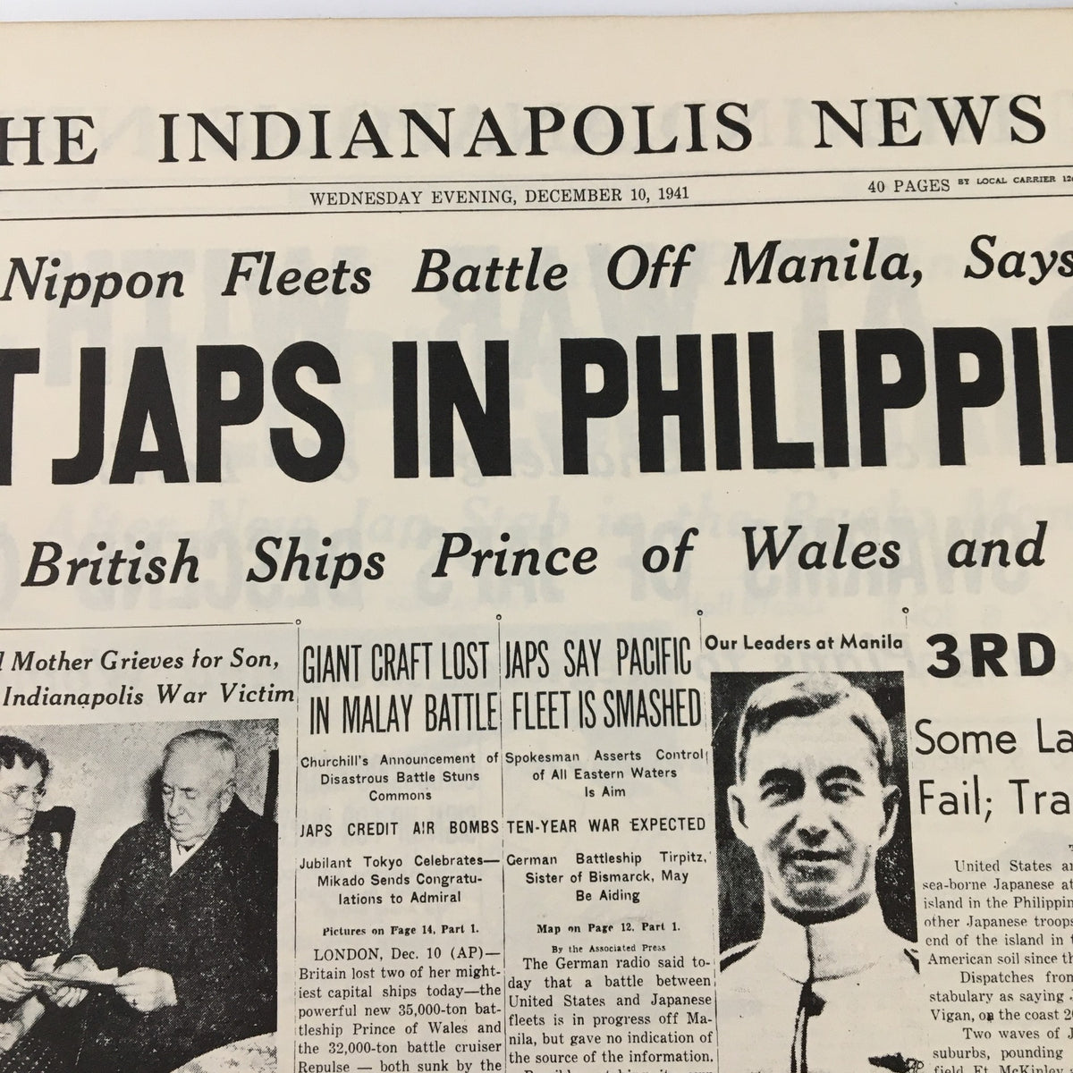 Front page of VTG The Indianapolis News December 10, 1941, featuring news on Nippon fleets and military updates during World War II.