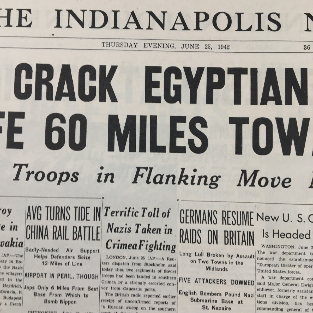Front page of VTG The Indianapolis News June 25, 1942, reporting on the Egyptian campaign and military movements during World War II.