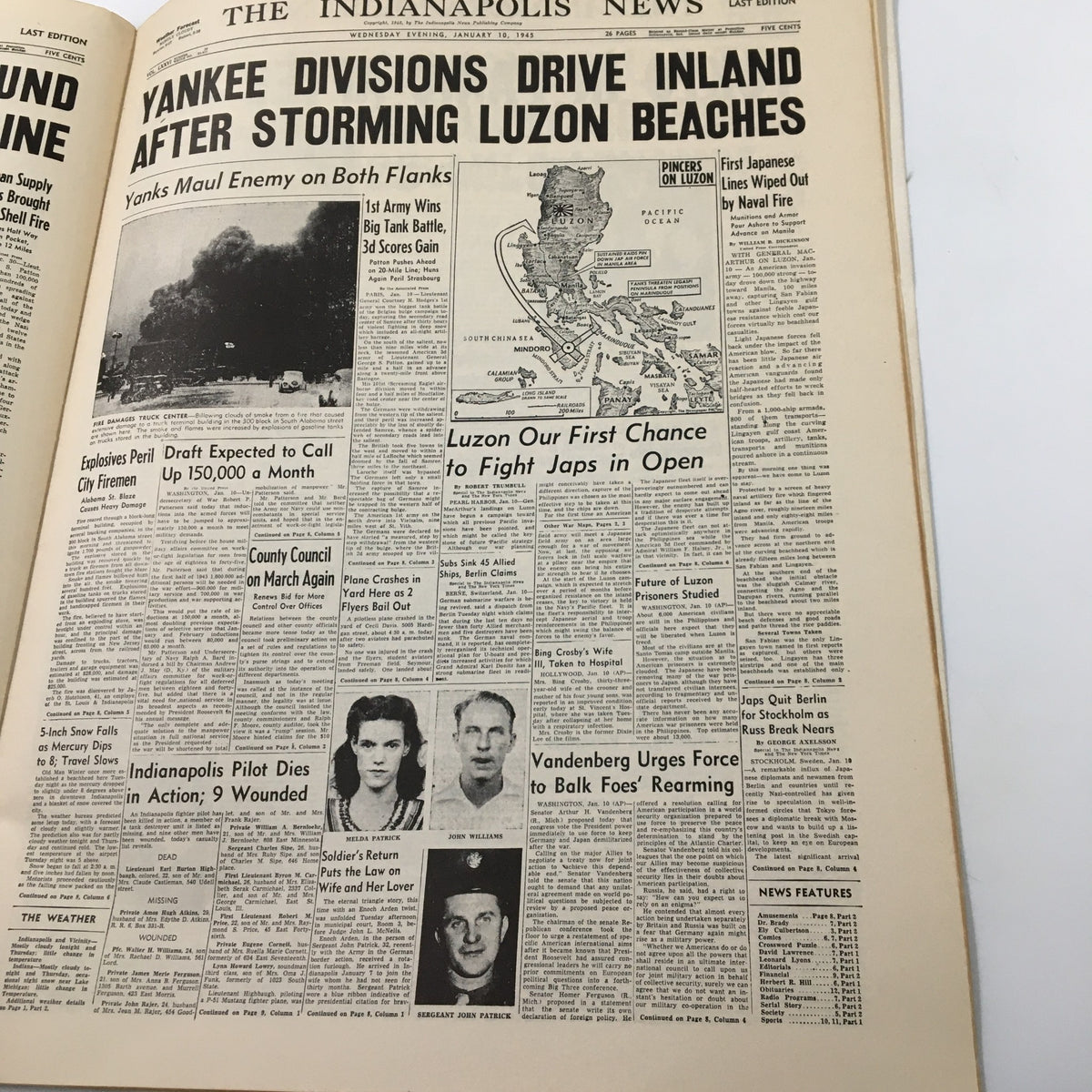 Inside spread of VTG The Indianapolis News January 19, 1945, covering military advances in Luzon during World War II.