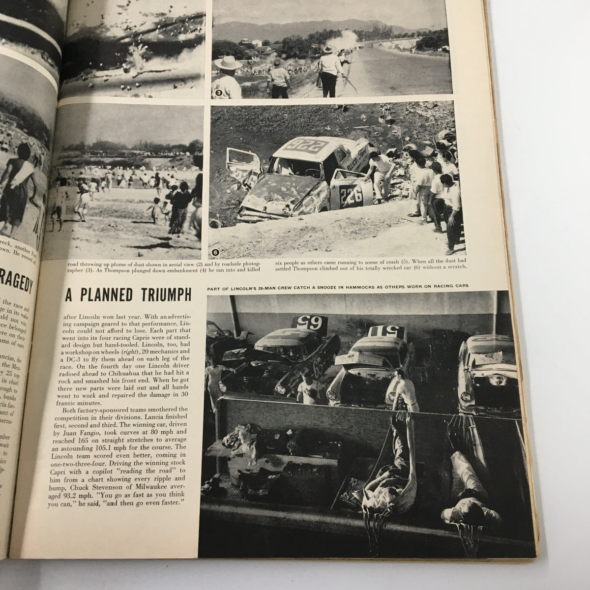 An interior page of VTG Life Magazine December 7 1953 discussing racing events, complemented by vintage photos from the era.