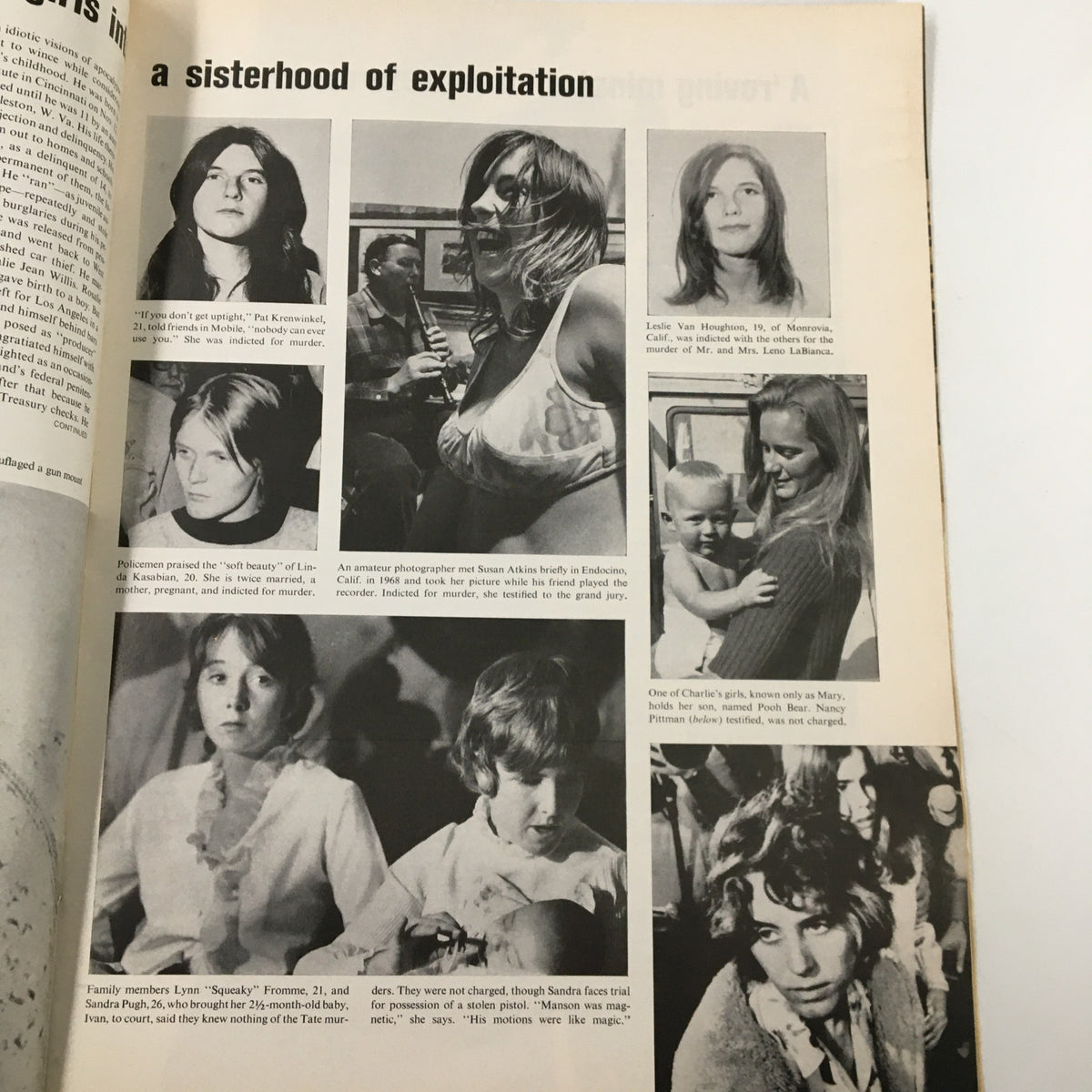 Vintage Life Magazine December 19 1969 page featuring images related to the Love and Terror Cult of Charles Manson, showcasing women involved in the case and their stories.