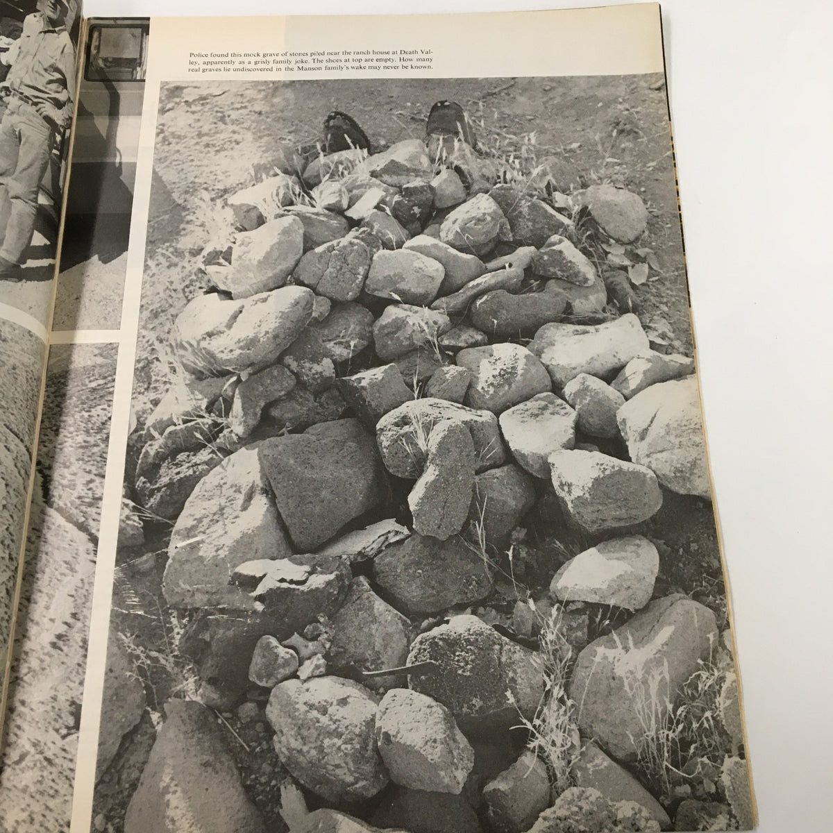 Inside page of VTG Life Magazine December 19 1969 showcasing a police discovery of a pile of stones, suggesting the grisly activities associated with Charles Manson.