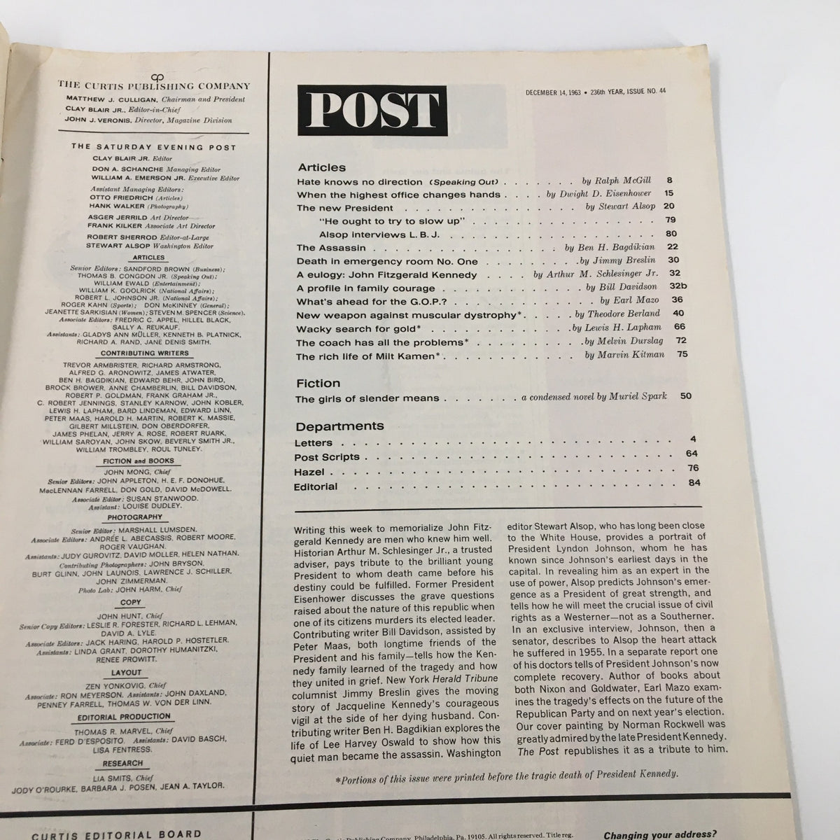 Interior page of The Saturday Evening Post December 14 1963, displaying article titles and content related to the magazine's tribute to John F. Kennedy.