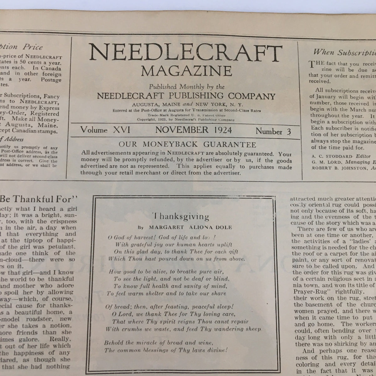 Contents page of VTG Needlecraft Magazine November 1924 featuring publication details and a money-back guarantee statement.