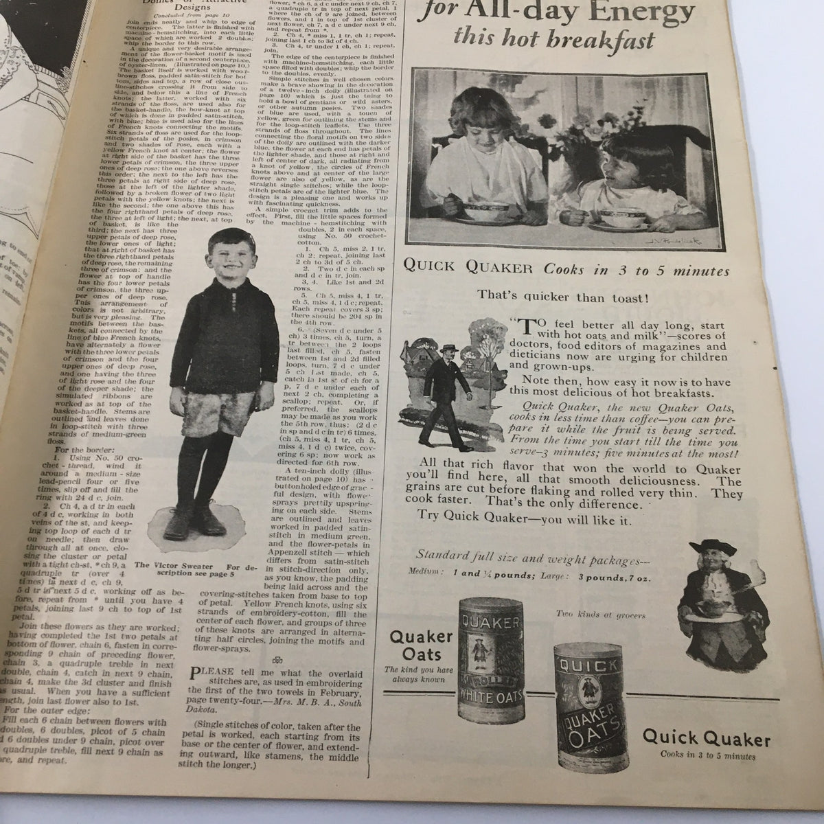 Advertisement and article page from VTG Needlecraft Magazine November 1924 featuring a child in knitted attire and a product advertisement for Quaker Oats.