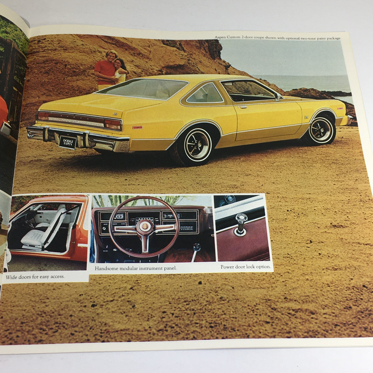1976 Dodge Aspen Custom, showcasing the rear view along with interior features. Dealership car auto brochure catalog.