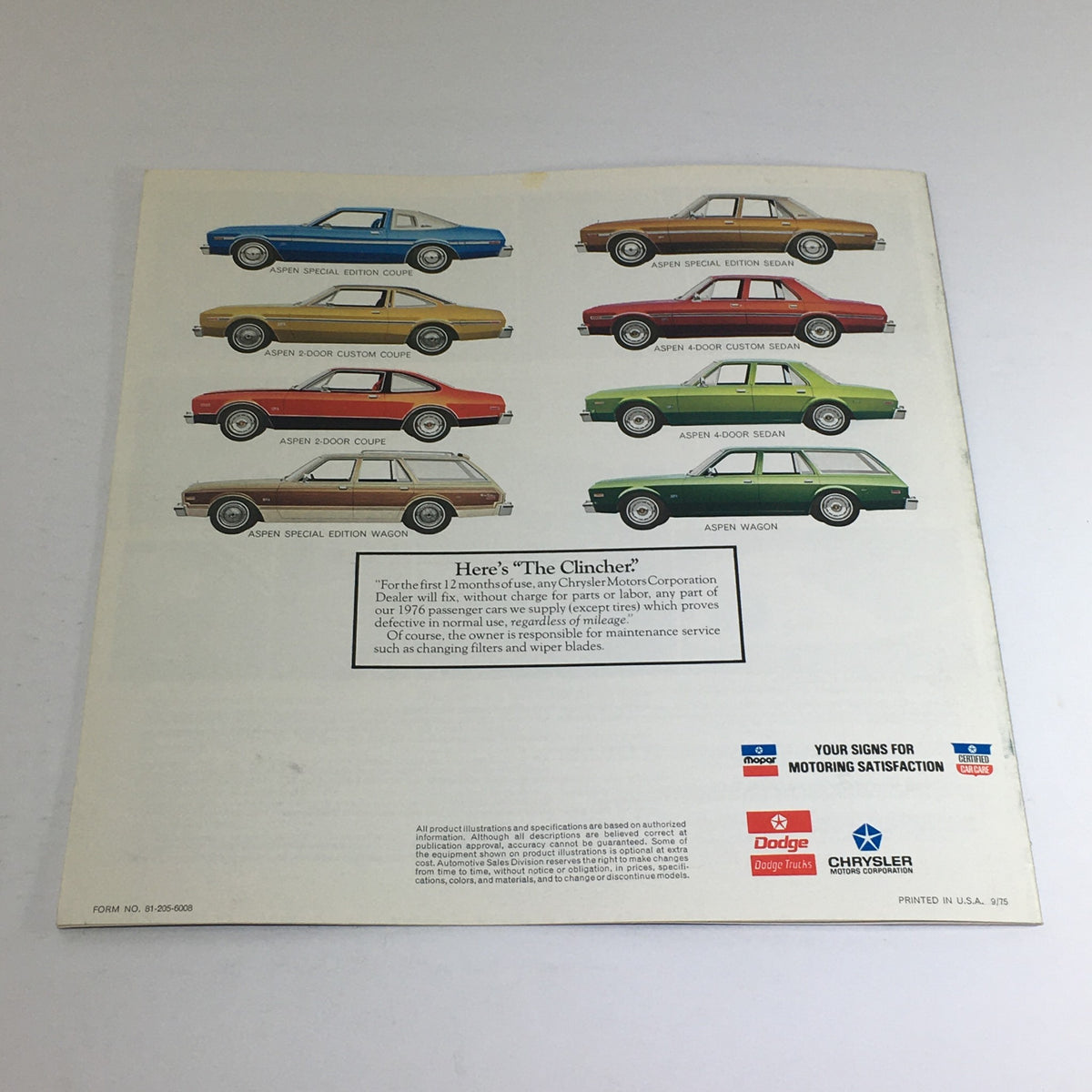 Back cover of the 1976 Dodge Aspen Coupes, Sedan, Wagons auto brochure catalog showcasing various color models of Aspen cars with a tagline about service satisfaction.