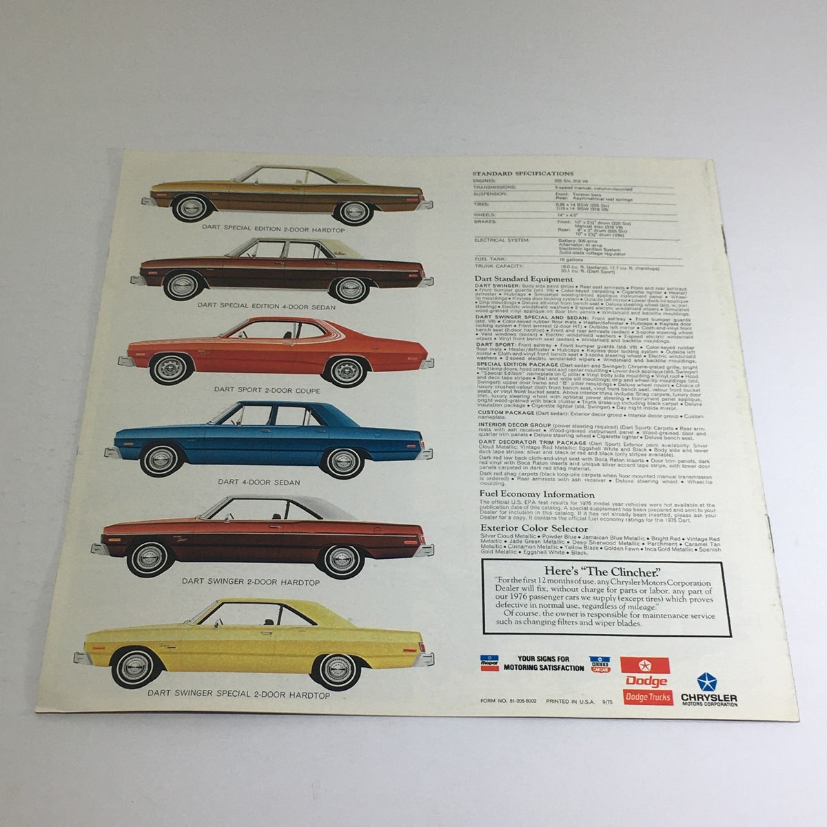 1976 Dodge Dart Hardtops, Sedans, Coupe Specifications Car Auto Brochure Catalog showcasing standard specifications and color options for different Dodge Dart models including diagrams of various styles.