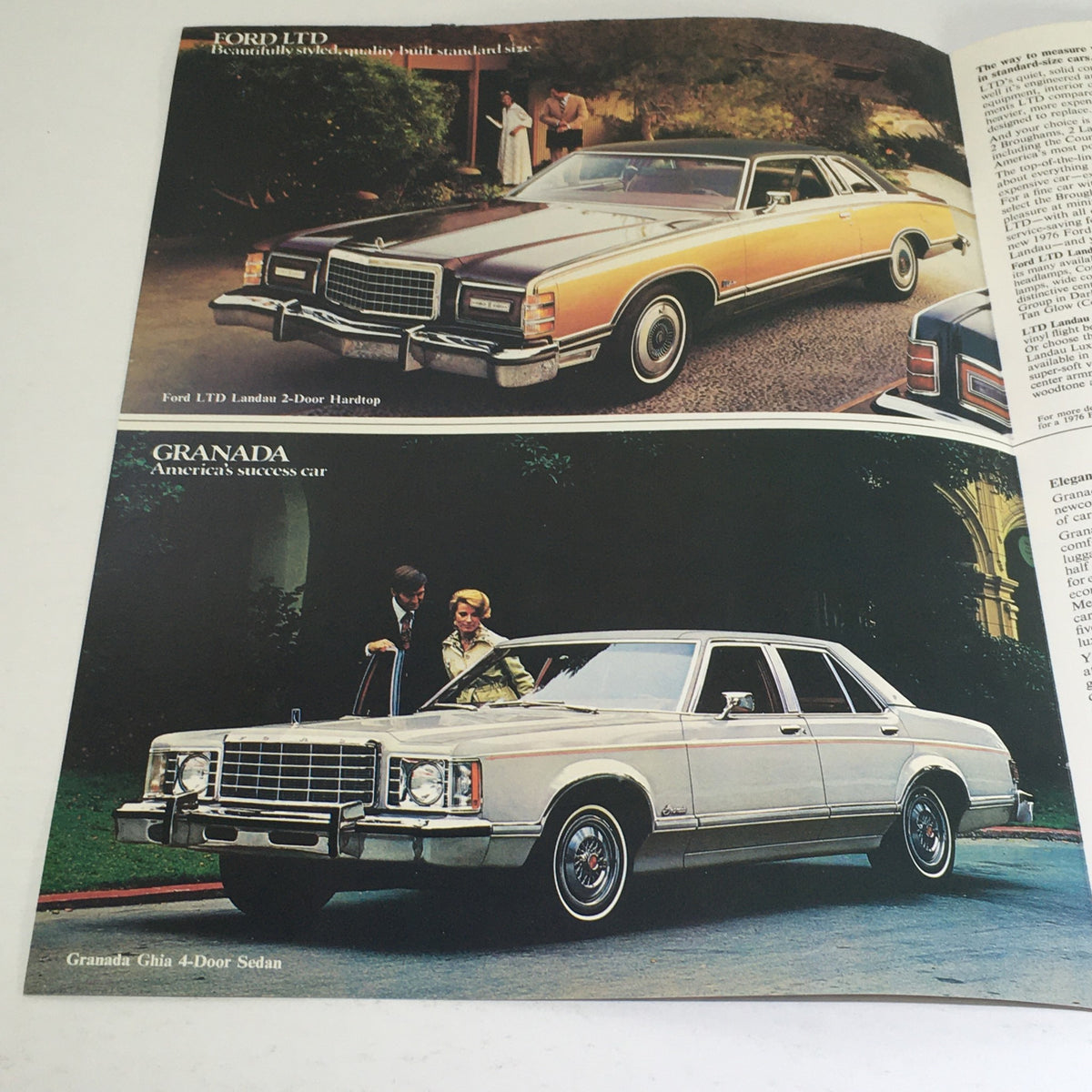 1976 Ford LTD and Granada Ghia Thunderbird specifications brochure showcasing a Ford LTD two-door hardtop and a Granada 4-door sedan in excellent condition.