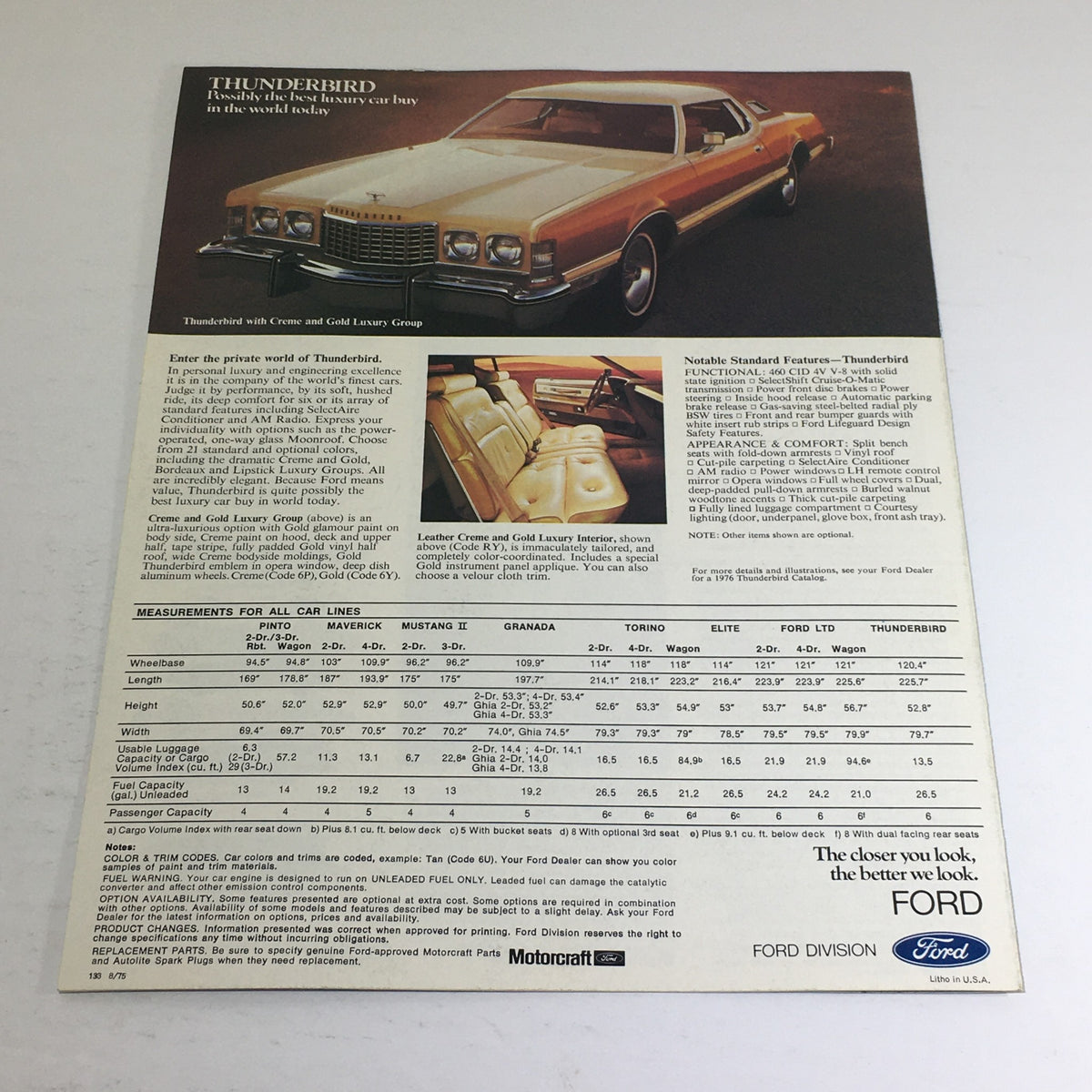 1976 Ford Thunderbird specifications page featuring notable interior features, dimensions, and measurements of Thunderbird, Granada, and Ford LTD models in the auto brochure.