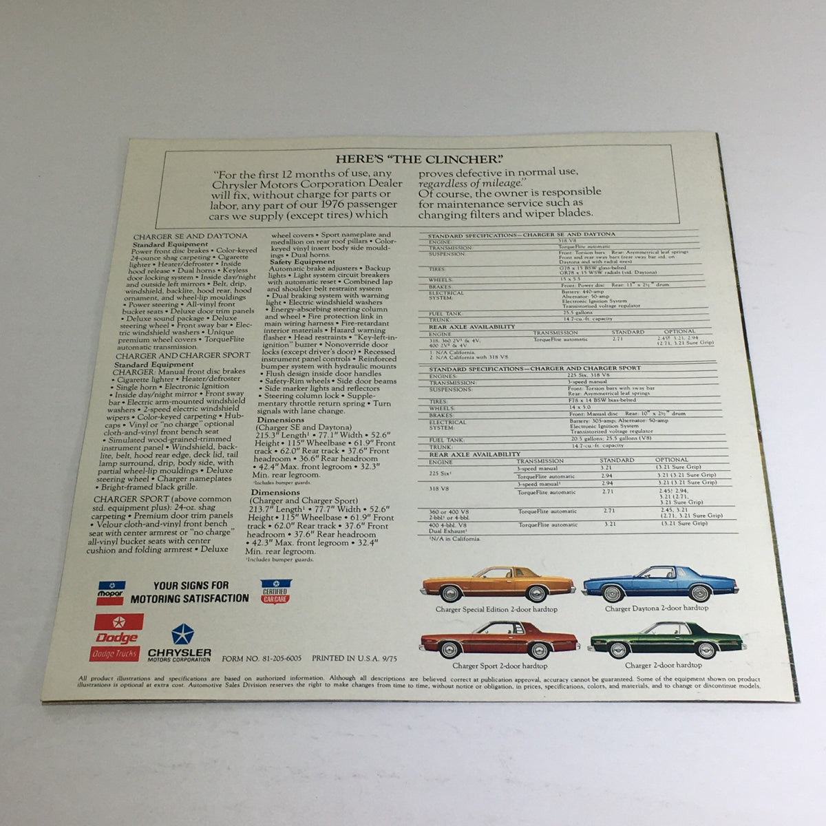 Back page of the 1976 Dodge Charger brochure containing specifications and details of the Charger models, emphasizing its performance and engineering.