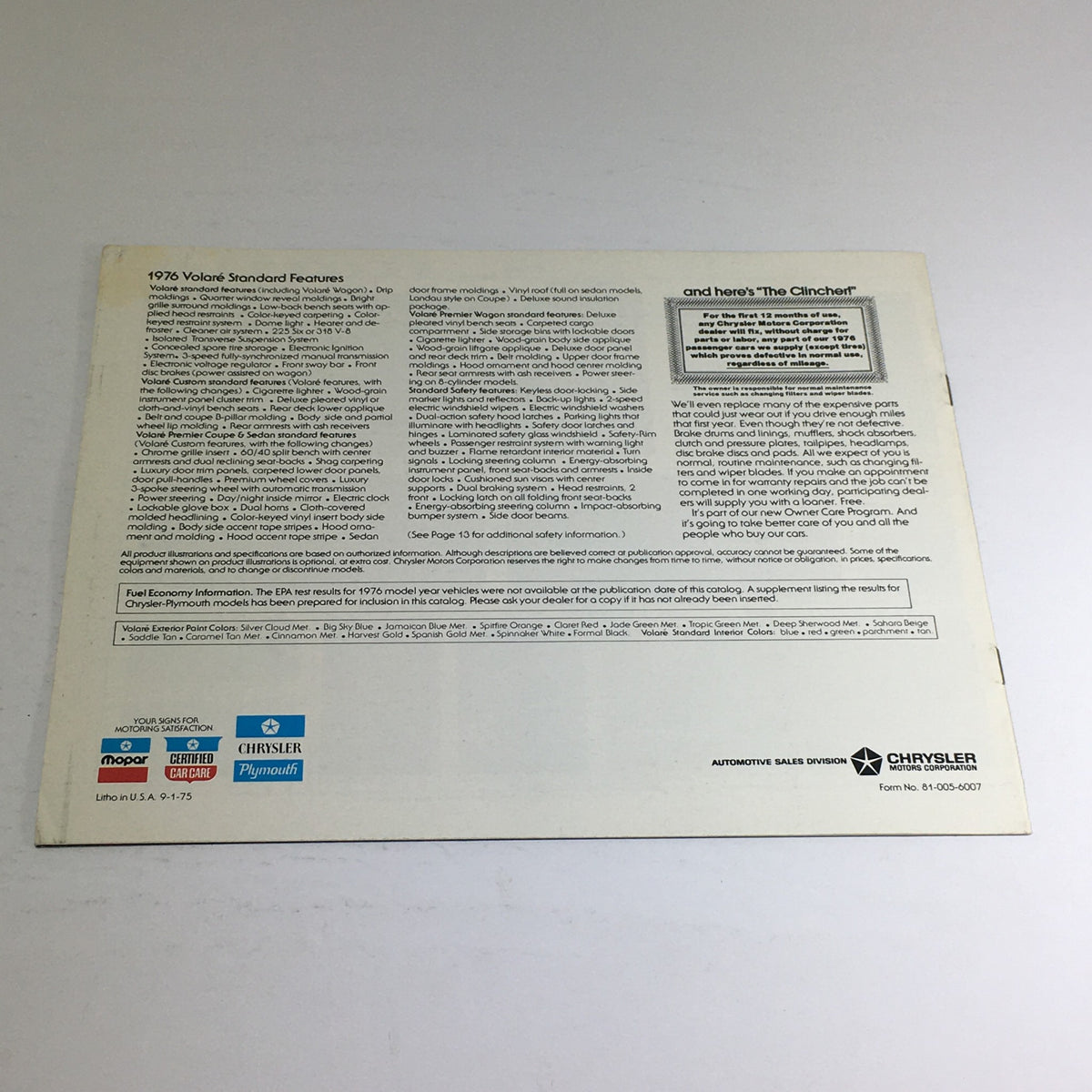The back cover of the 1976 Plymouth Volare brochure, detailing the standard features and specifications, providing valuable information for automotive enthusiasts.