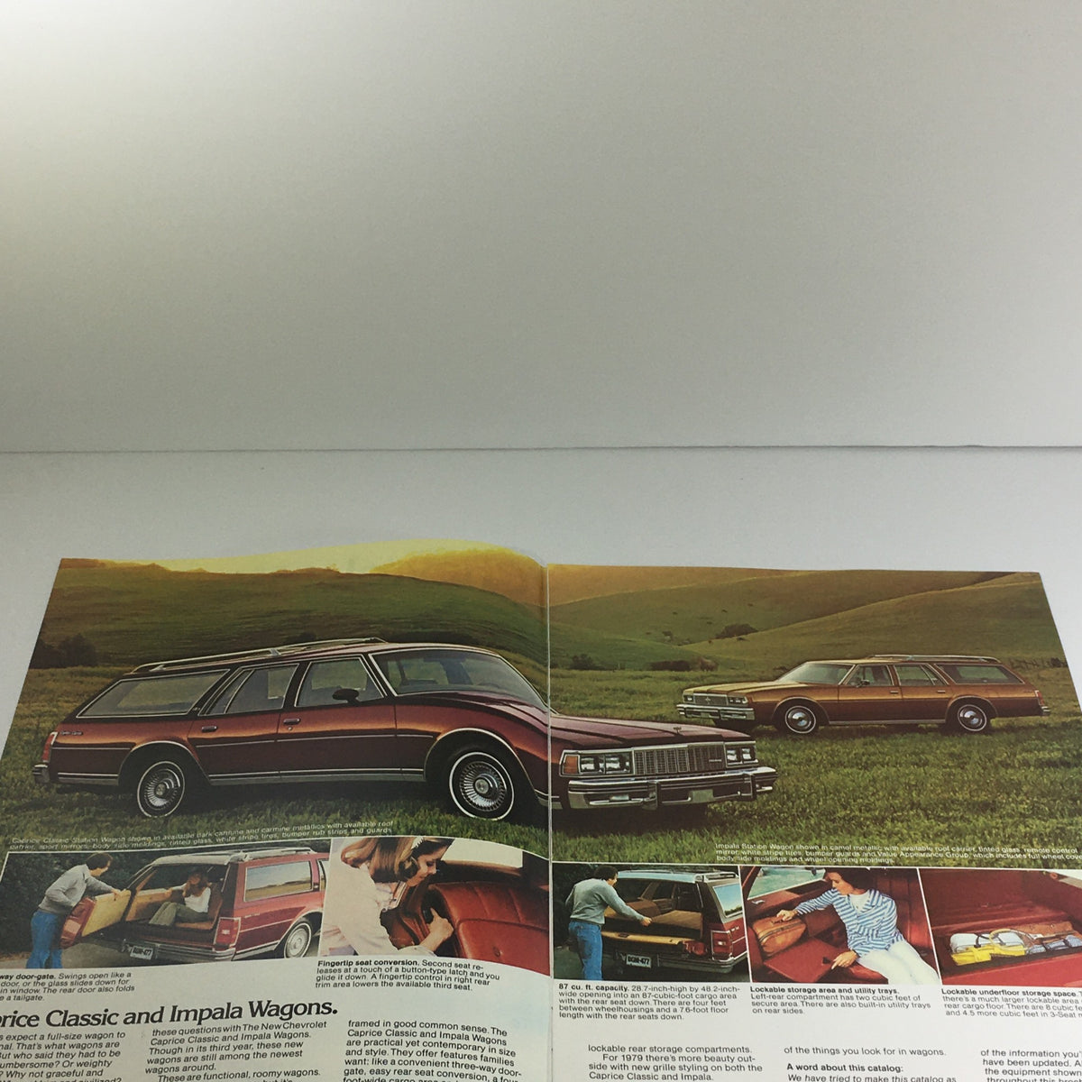 Inside spread of the 1979 Chevrolet Caprice & Impala Wagons Specifications Car Auto Brochure showcasing detailed images of the featured classic wagons.