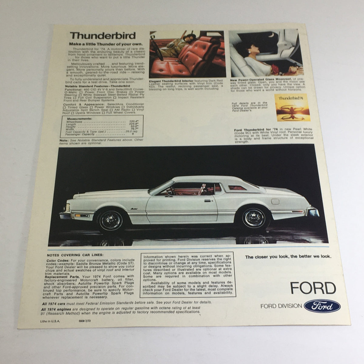 1974 Ford Torno/Mustang II/Maverick Dealership Auto Brochure featuring a white Thunderbird showcasing its elegant interior and highlights of the car's features.