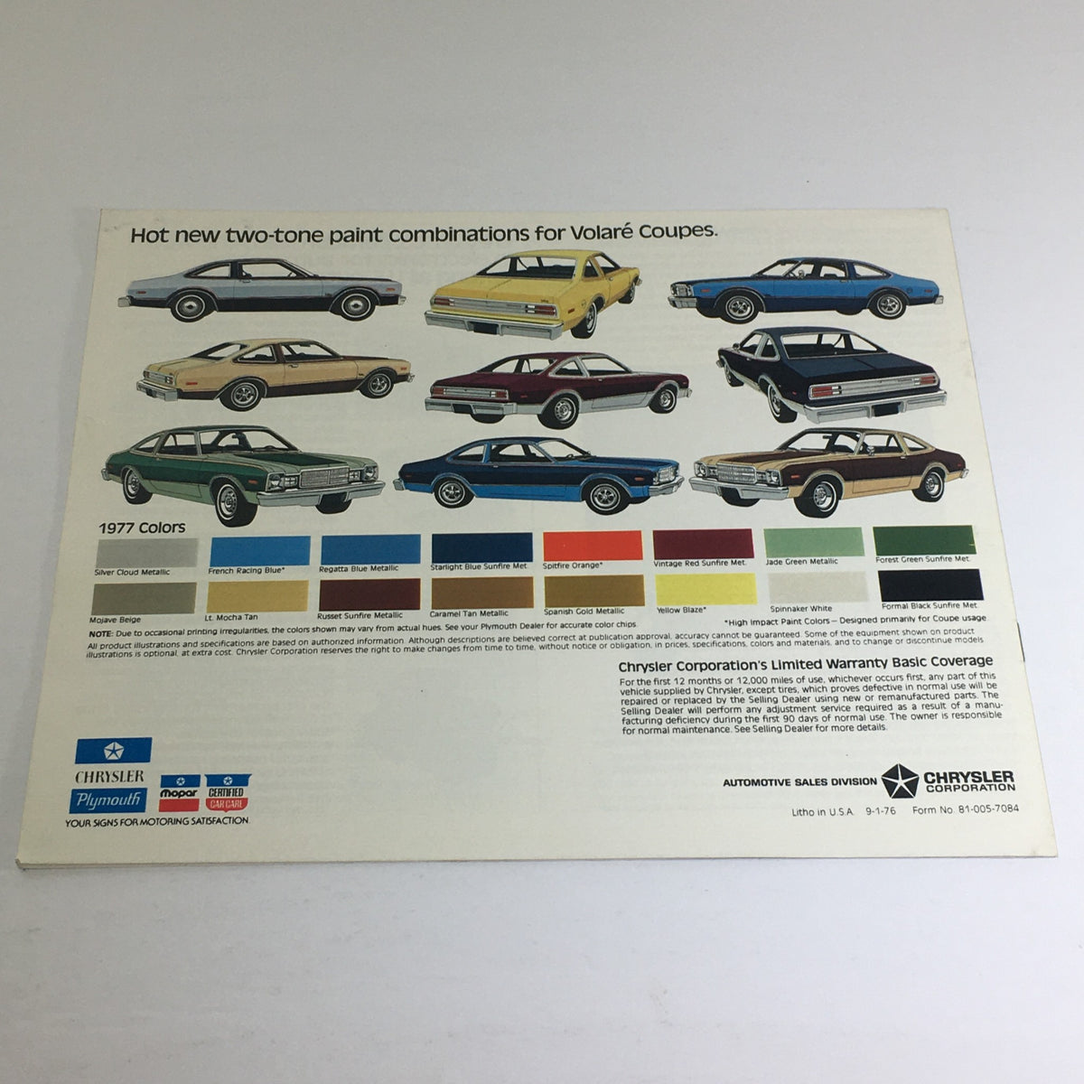 Back cover of the 1977 Plymouth Volare Custom Two-Tone Coupe brochure showcasing color options for Volare Coupes and warranty information.