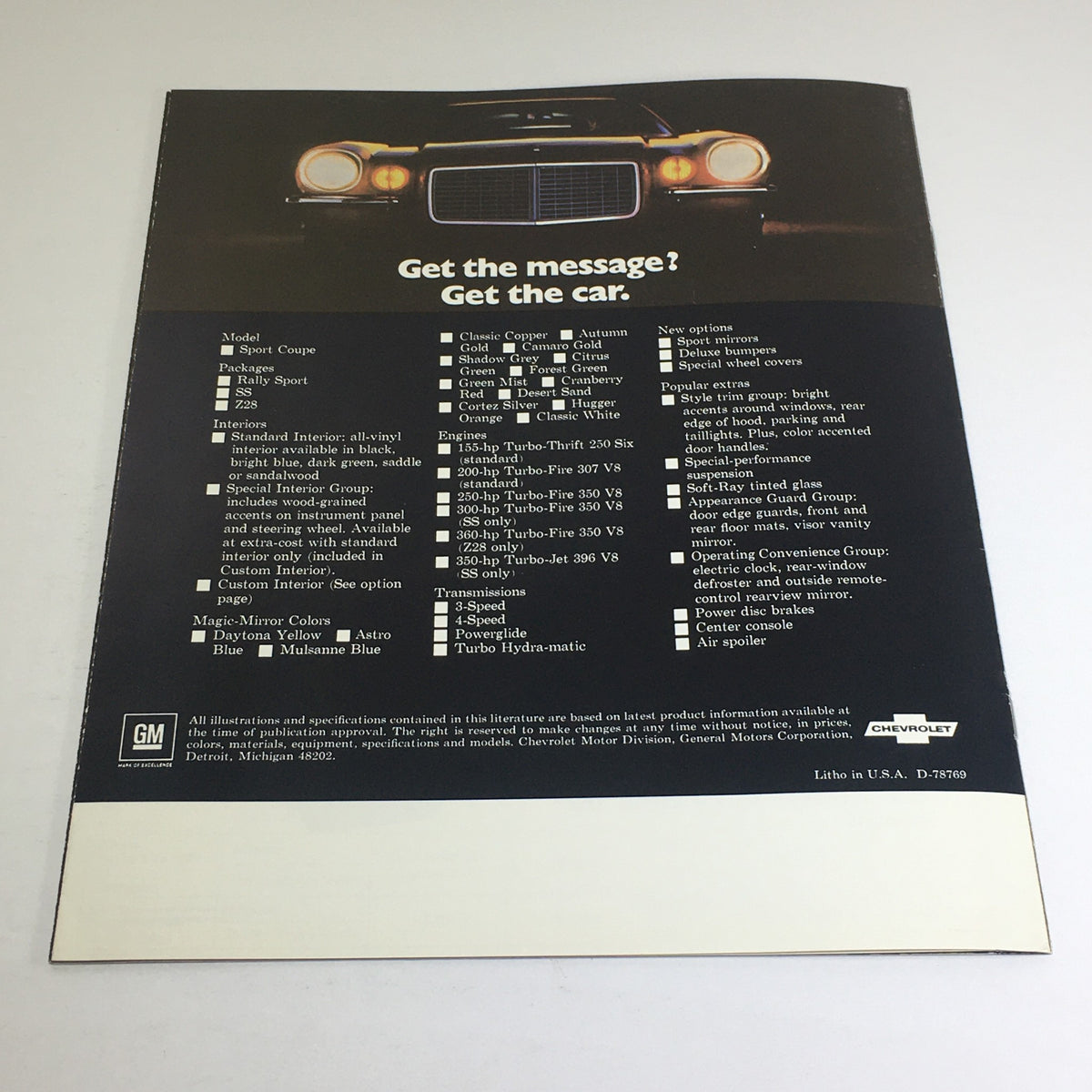 1970 Chevrolet Camaro Sport Coupe Z-25 Dealership Car Auto Brochure Catalog showcasing the detailed specifications of the Camaro model, including interior and engine options.
