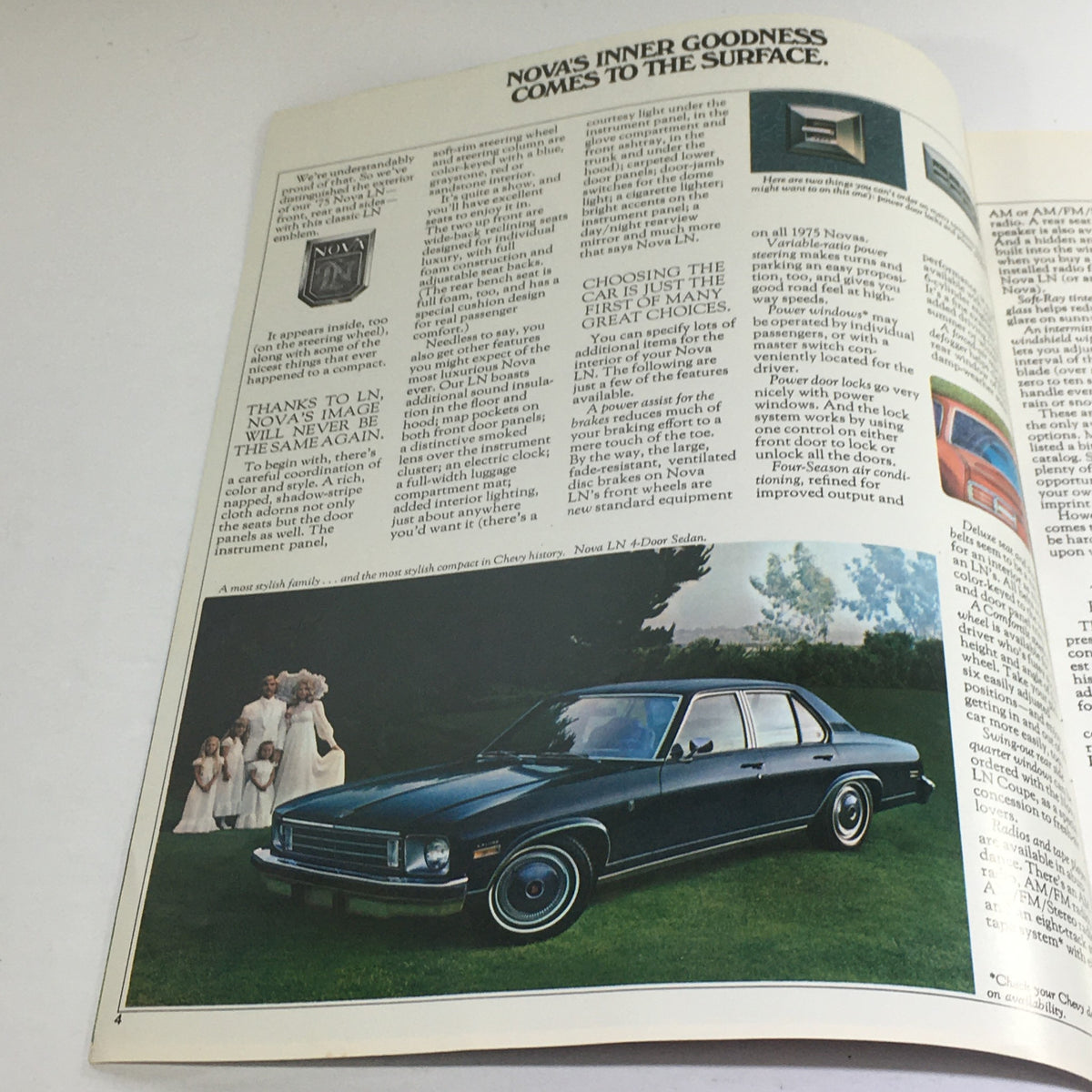 1975 Nova LN by Chevrolet Work Sheet Dealership Car Auto Brochure Catalog highlighting the interior features of the Nova, with a vintage setting and additional textual details.