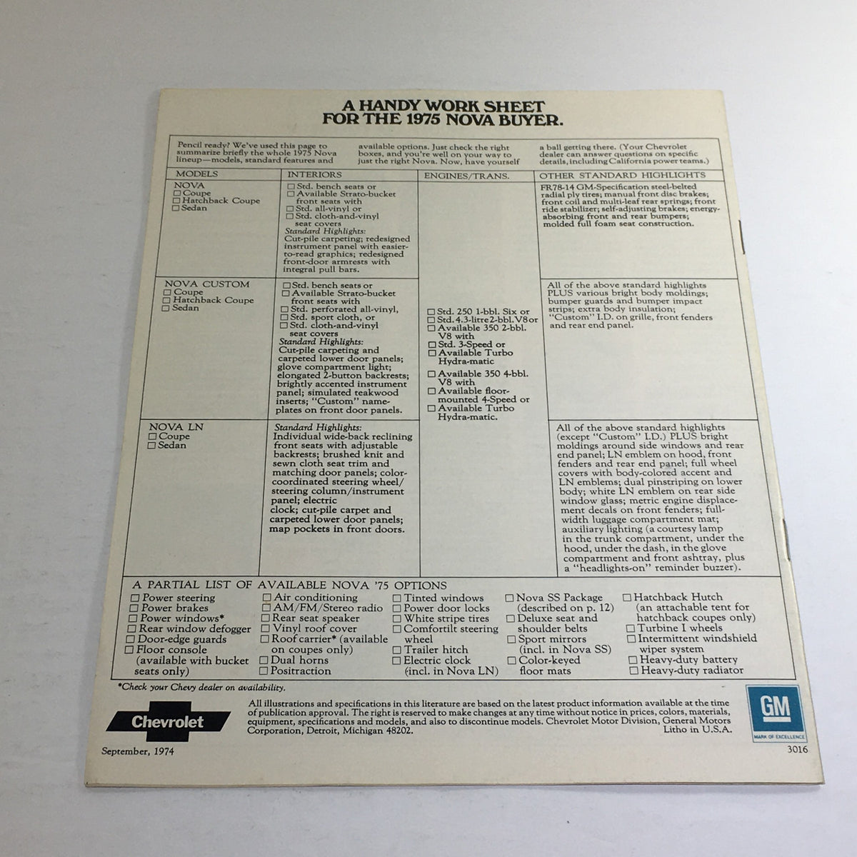 Back cover of the 1975 Nova LN by Chevrolet Work Sheet Dealership Car Auto Brochure Catalog, featuring information on specifications and options for the Nova model.