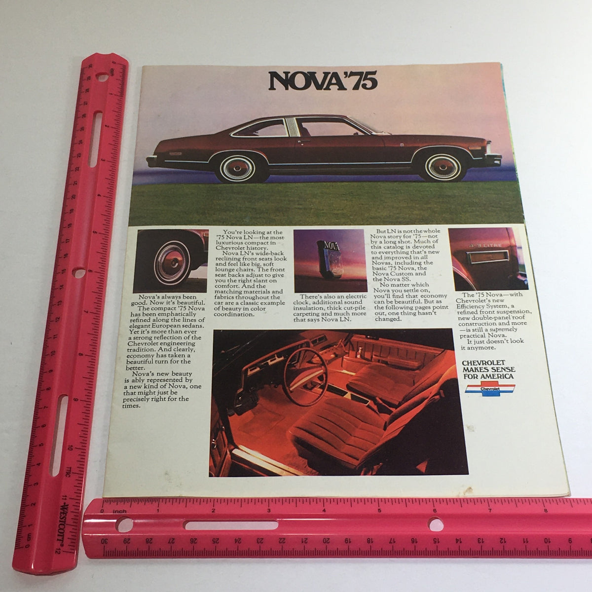 Front cover of the 1975 Nova LN by Chevrolet Work Sheet Dealership Car Auto Brochure Catalog, showcasing the Nova 75 model with a stylish image and details about its interior and features.