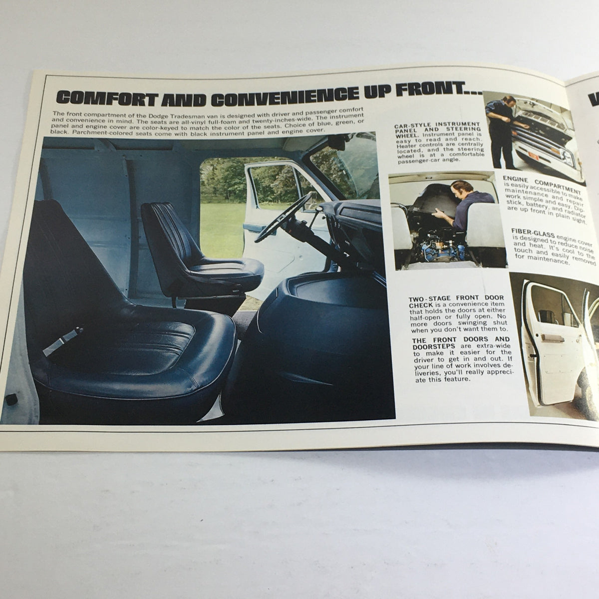 Interior view of the 1975 Dodge Trucks Tradesman Vans, highlighting seating and dashboard features in the 1975 Dodge Trucks Tradesman Vans Dealership Car Auto Brochure Catalog.