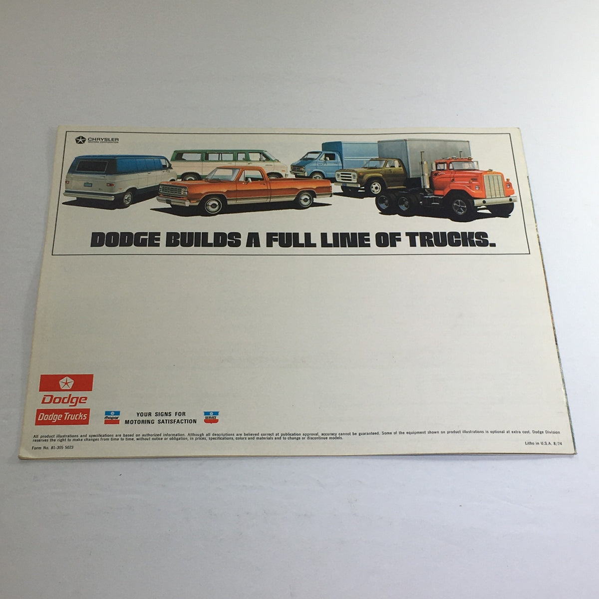 Back cover of the 1975 Dodge Trucks Tradesman Vans Dealership Car Auto Brochure Catalog featuring various Dodge trucks.