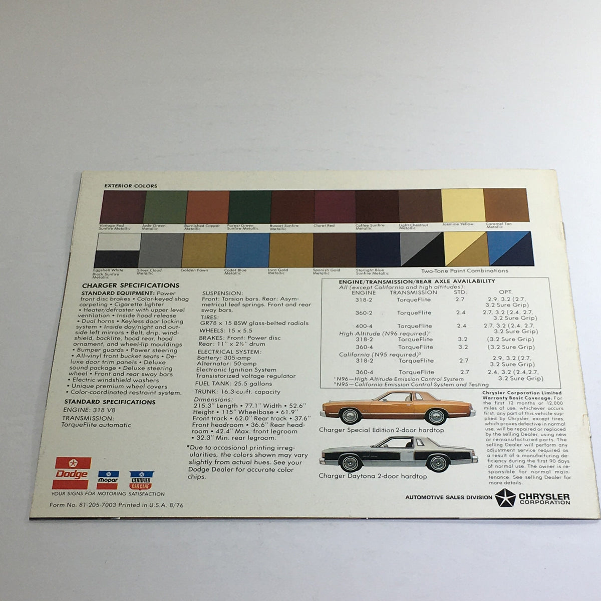 1977 Dodge Charger Specifications - Image of the specifications page detailing charger options, colors, and equipment for the 1977 Dodge Charger.