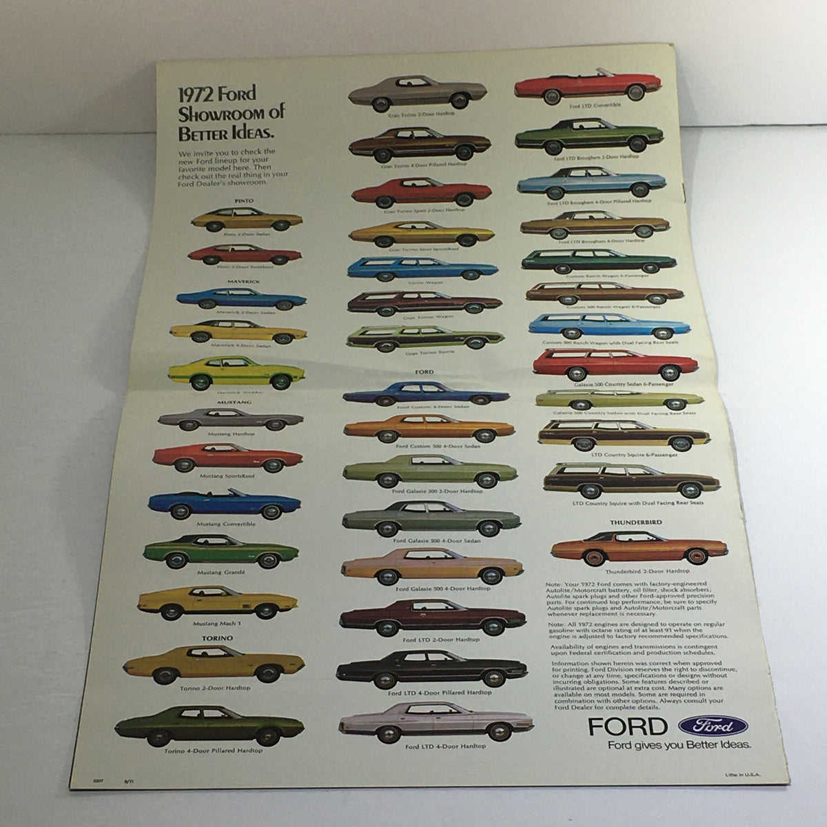 1972 Ford LTD Brougham dealership brochure showcasing a variety of Ford models including Pinto, Maverick, Mustang, and Torino with descriptions and illustrations.