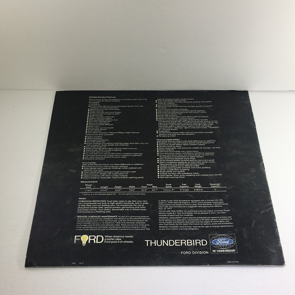 Back cover of the 1978 Ford Thunderbird Town Landau Dealership Car Brochure detailing standard features and specifications, demonstrating Ford's commitment to quality.