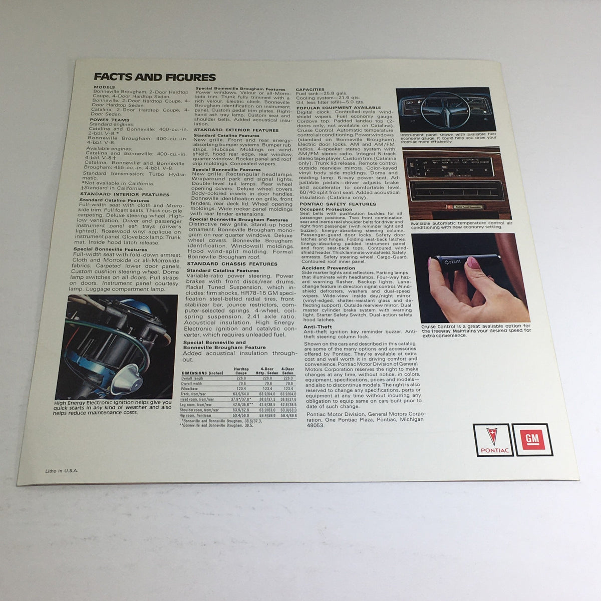 1976 Pontiac Bonneville Brougham Catalina Facts & Figures Auto Brochure Catalog page detailing specifications, features, and powertrain options.